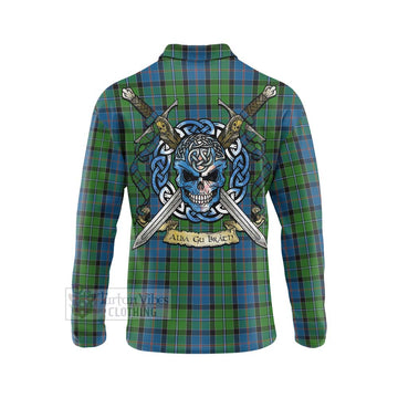 Tartan Vibes Clothing Stirling Tartan Long Sleeve Polo Shirt with Family Crest Celtic Skull Style