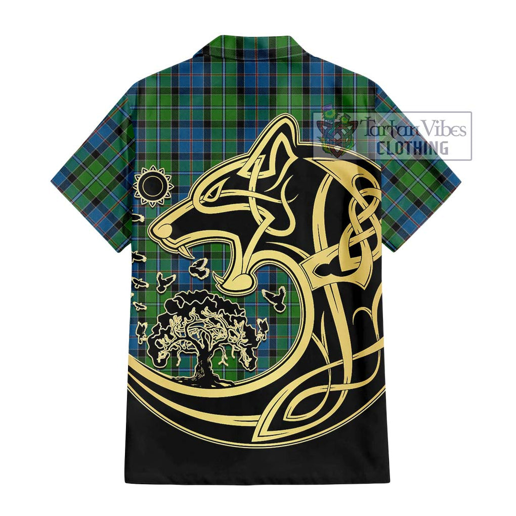 Stirling Tartan Short Sleeve Button Shirt with Family Crest Celtic Wolf Style - Tartan Vibes Clothing