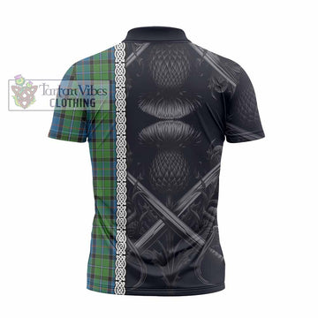 Tartan Vibes Clothing Stirling Tartan Zipper Polo Shirt with Family Crest Cross Sword Thistle Celtic Vibes