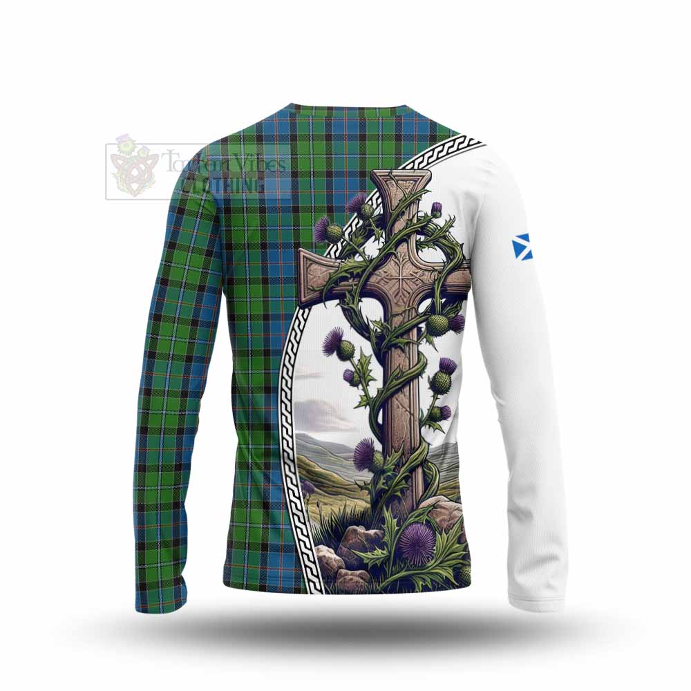 Tartan Vibes Clothing Stirling Tartan Long Sleeve T-Shirt with Family Crest and St. Andrew's Cross Accented by Thistle Vines