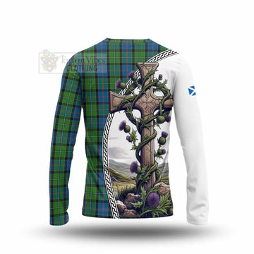 Tartan Vibes Clothing Stirling Tartan Long Sleeve T-Shirt with Family Crest and St. Andrew's Cross Accented by Thistle Vines