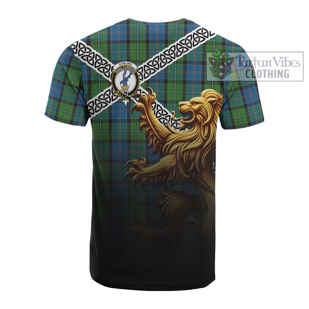 Tartan Vibes Clothing Stirling Crest Tartan Cotton T-shirt with Golden Lion Emblem Celtic Style
