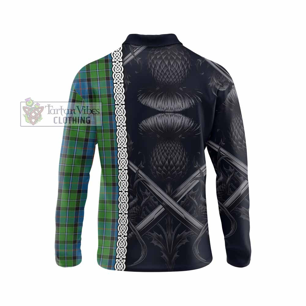 Tartan Vibes Clothing Stirling Tartan Long Sleeve Polo Shirt with Family Crest Cross Sword Thistle Celtic Vibes