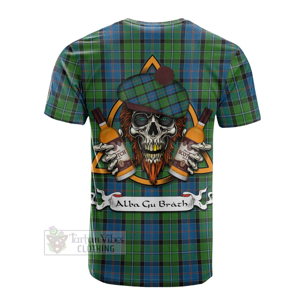 Tartan Vibes Clothing Stirling Tartan Cotton T-shirt with Family Crest and Bearded Skull Holding Bottles of Whiskey