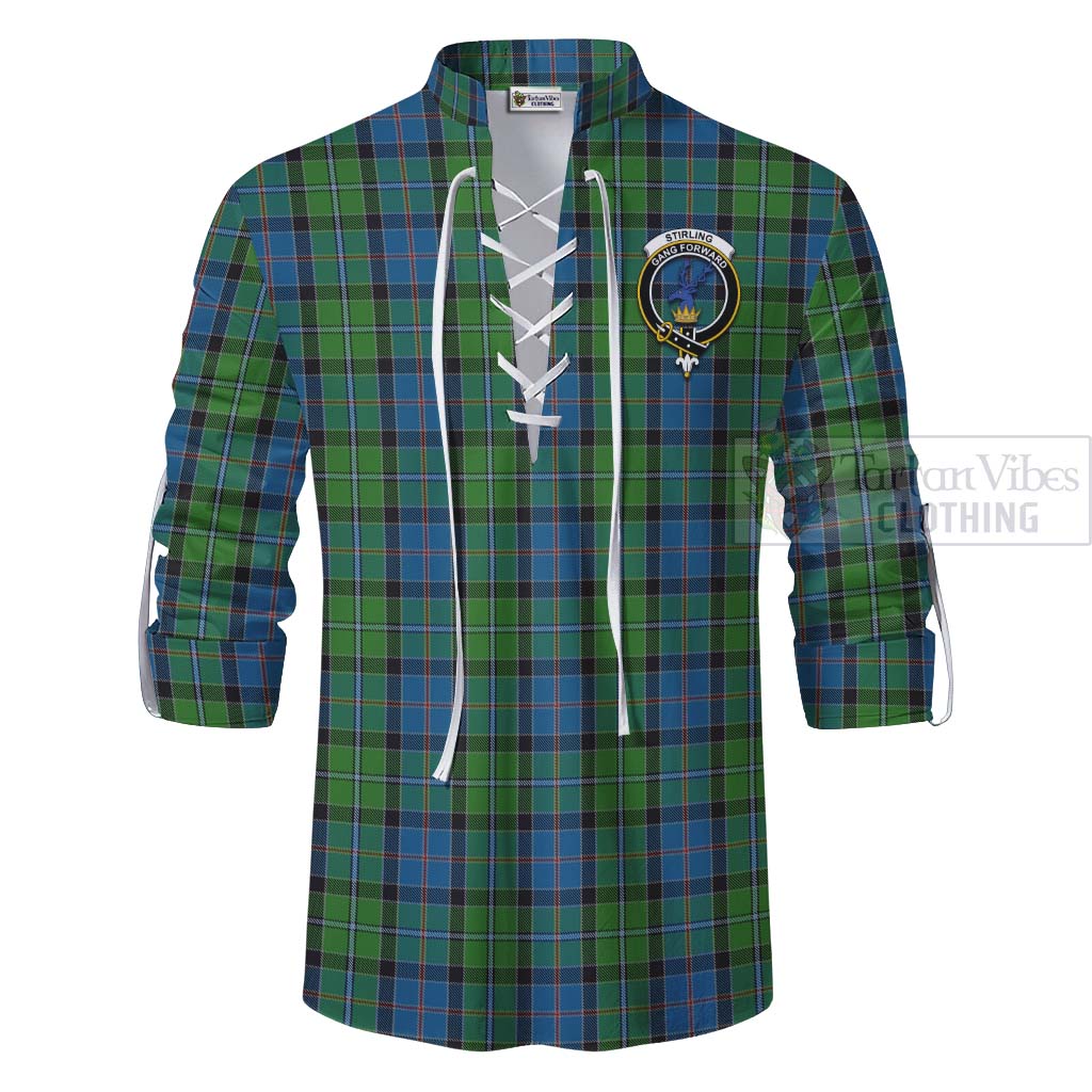 Tartan Vibes Clothing Stirling Tartan Ghillie Kilt Shirt with Family Crest and Bearded Skull Holding Bottles of Whiskey