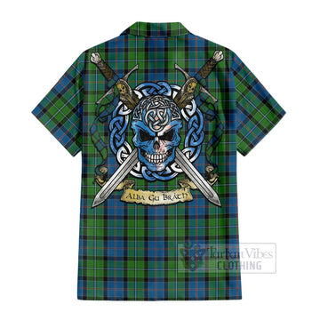 Tartan Vibes Clothing Stirling Tartan Short Sleeve Button Shirt with Family Crest Celtic Skull Style