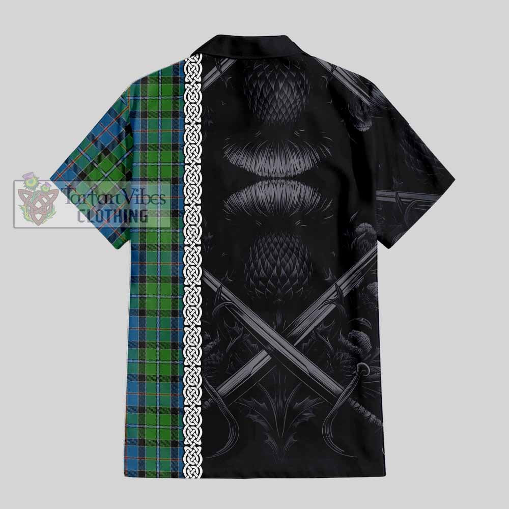 Tartan Vibes Clothing Stirling Tartan Short Sleeve Button Shirt with Family Crest Cross Sword Thistle Celtic Vibes