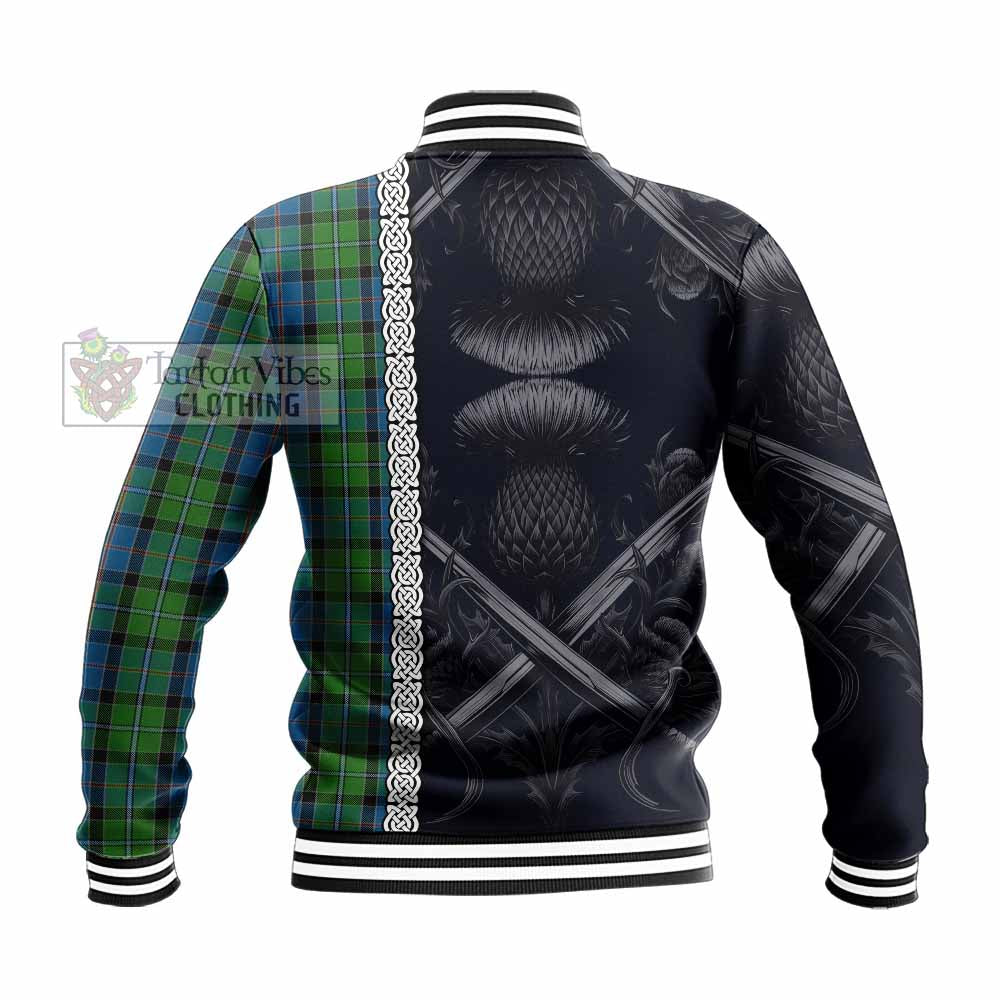 Tartan Vibes Clothing Stirling Tartan Baseball Jacket with Family Crest Cross Sword Thistle Celtic Vibes