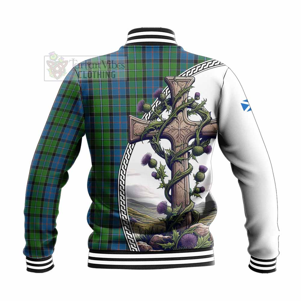 Tartan Vibes Clothing Stirling Tartan Baseball Jacket with Family Crest and St. Andrew's Cross Accented by Thistle Vines