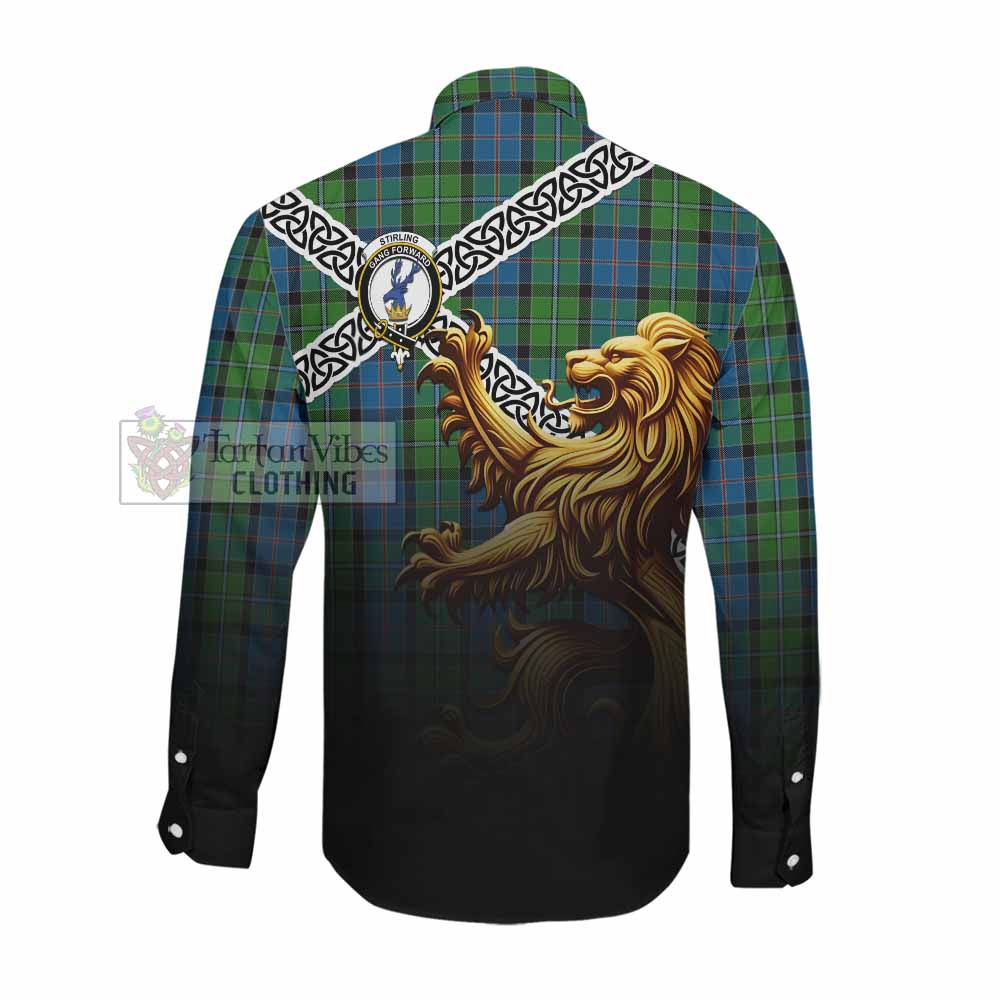 Tartan Vibes Clothing Stirling Crest Tartan Long Sleeve Button Shirt with Golden Lion Emblem Celtic Style