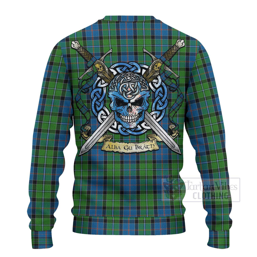 Tartan Vibes Clothing Stirling Tartan Knitted Sweater with Family Crest Celtic Skull Style