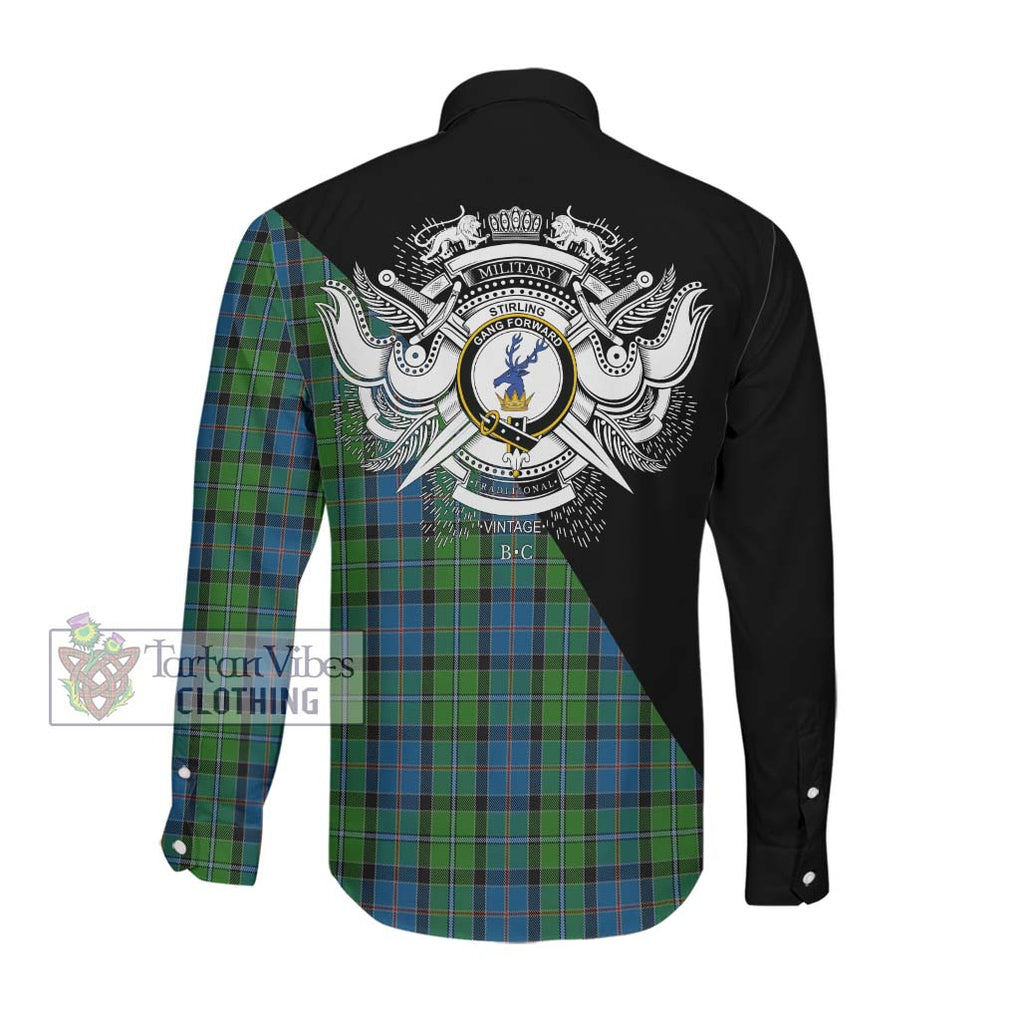 Stirling Tartan Long Sleeve Button Shirt with Family Crest and Military Logo Style Men's Shirt - Tartanvibesclothing Shop