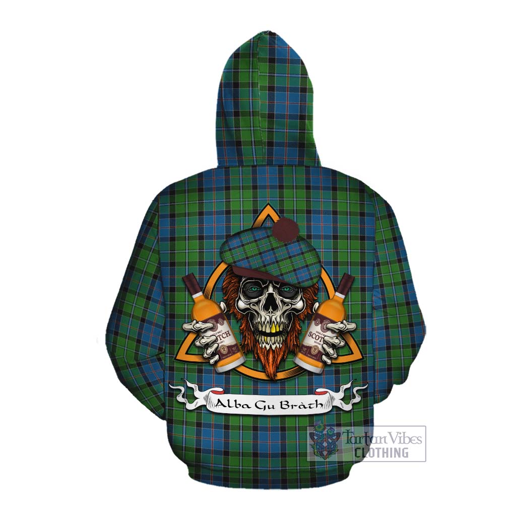 Tartan Vibes Clothing Stirling Tartan Cotton Hoodie with Family Crest and Bearded Skull Holding Bottles of Whiskey