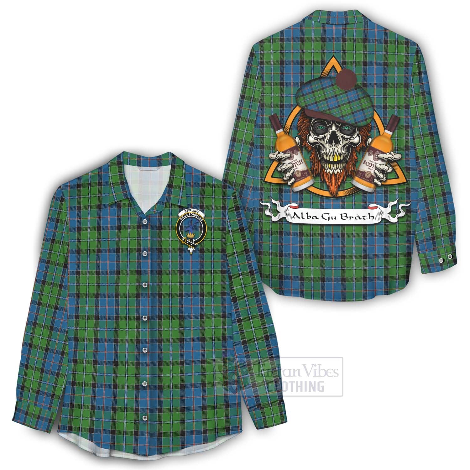 Tartan Vibes Clothing Stirling Tartan Women's Casual Shirt with Family Crest and Bearded Skull Holding Bottles of Whiskey