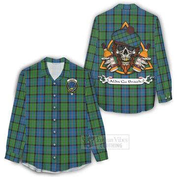 Tartan Vibes Clothing Stirling Tartan Women's Casual Shirt with Family Crest and Bearded Skull Holding Bottles of Whiskey
