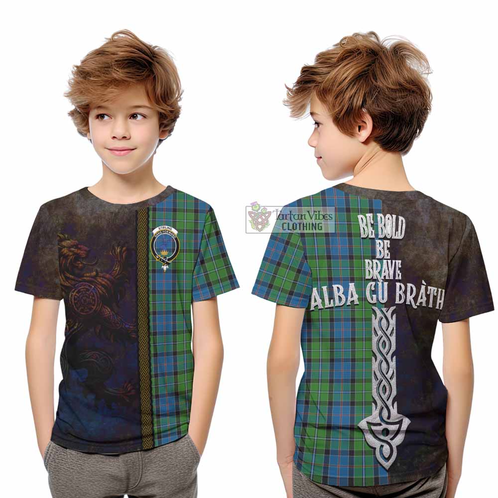 Tartan Vibes Clothing Stirling Tartan Family Crest Kid T-Shirt Alba Gu Brath Be Brave Lion Ancient Style