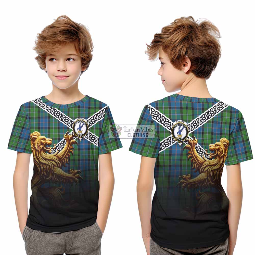 Tartan Vibes Clothing Stirling Crest Tartan Kid T-Shirt with Golden Lion Emblem Celtic Style
