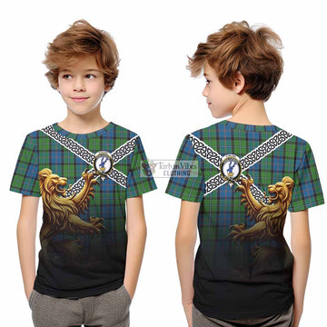 Tartan Vibes Clothing Stirling Crest Tartan Kid T-Shirt with Golden Lion Emblem Celtic Style