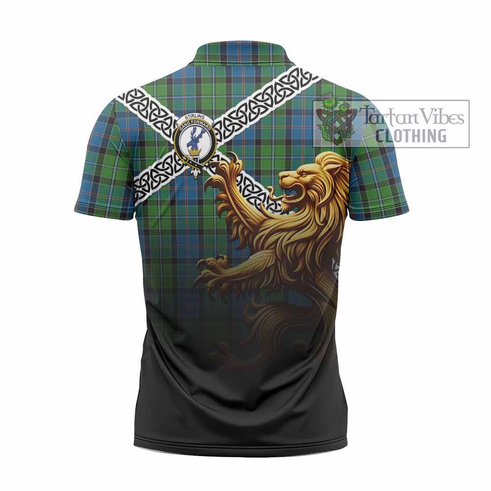 Tartan Vibes Clothing Stirling Crest Tartan Zipper Polo Shirt with Golden Lion Emblem Celtic Style