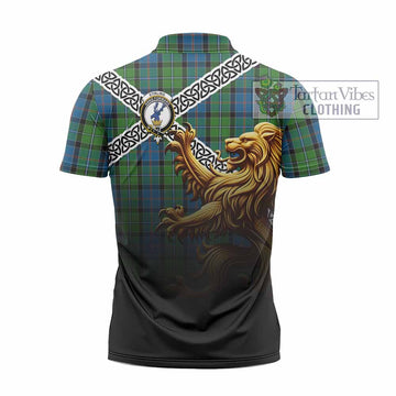 Tartan Vibes Clothing Stirling Crest Tartan Zipper Polo Shirt with Golden Lion Emblem Celtic Style