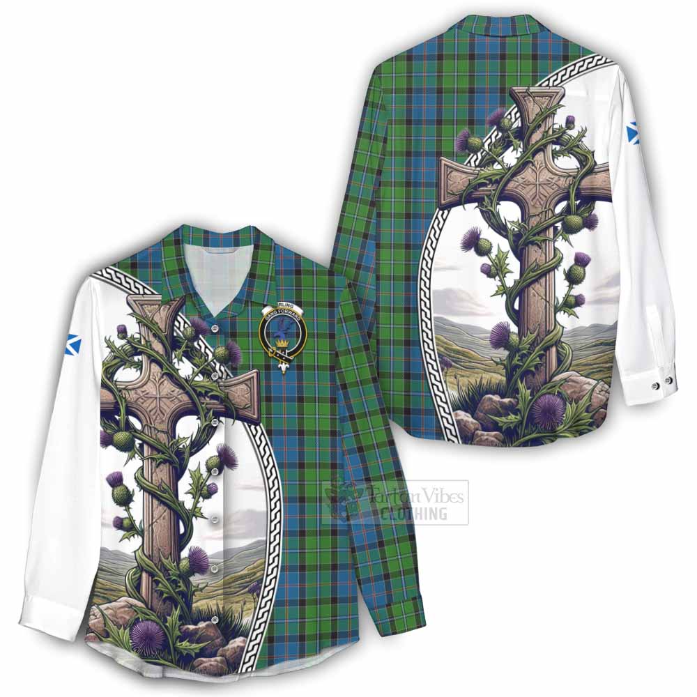 Tartan Vibes Clothing Stirling Tartan Women's Casual Shirt with Family Crest and St. Andrew's Cross Accented by Thistle Vines