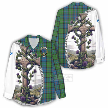Tartan Vibes Clothing Stirling Tartan Women's Casual Shirt with Family Crest and St. Andrew's Cross Accented by Thistle Vines