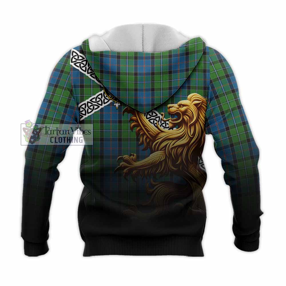 Tartan Vibes Clothing Stirling Crest Tartan Knitted Hoodie with Golden Lion Emblem Celtic Style
