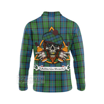 Tartan Vibes Clothing Stirling Tartan Long Sleeve Polo Shirt with Family Crest and Bearded Skull Holding Bottles of Whiskey