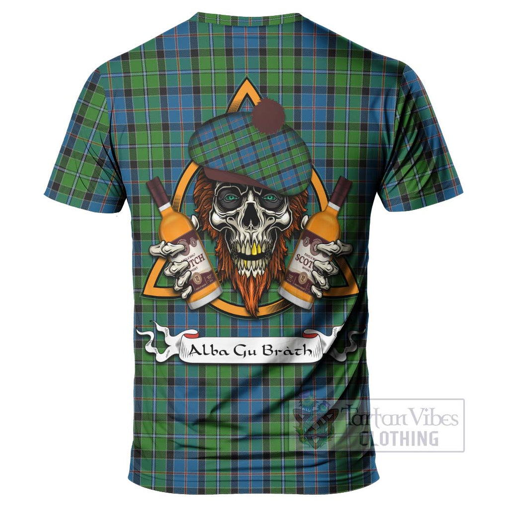 Tartan Vibes Clothing Stirling Tartan T-Shirt with Family Crest and Bearded Skull Holding Bottles of Whiskey