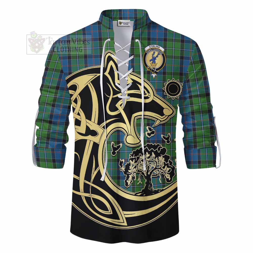 Tartan Vibes Clothing Stirling Tartan Ghillie Kilt Shirt with Family Crest Celtic Wolf Style