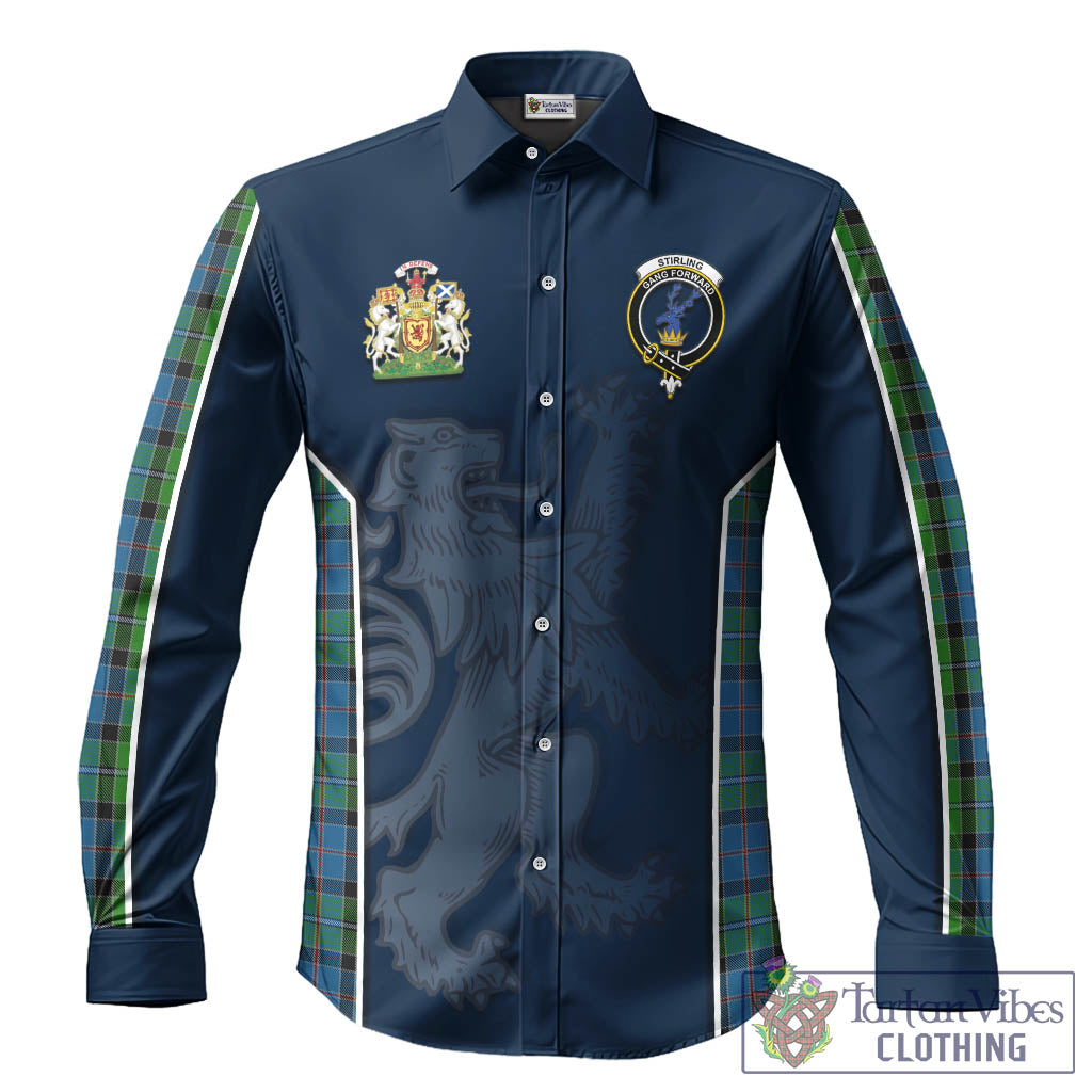 Stirling Tartan Long Sleeve Button Up Shirt with Family Crest and Lion Rampant Vibes Sport Style