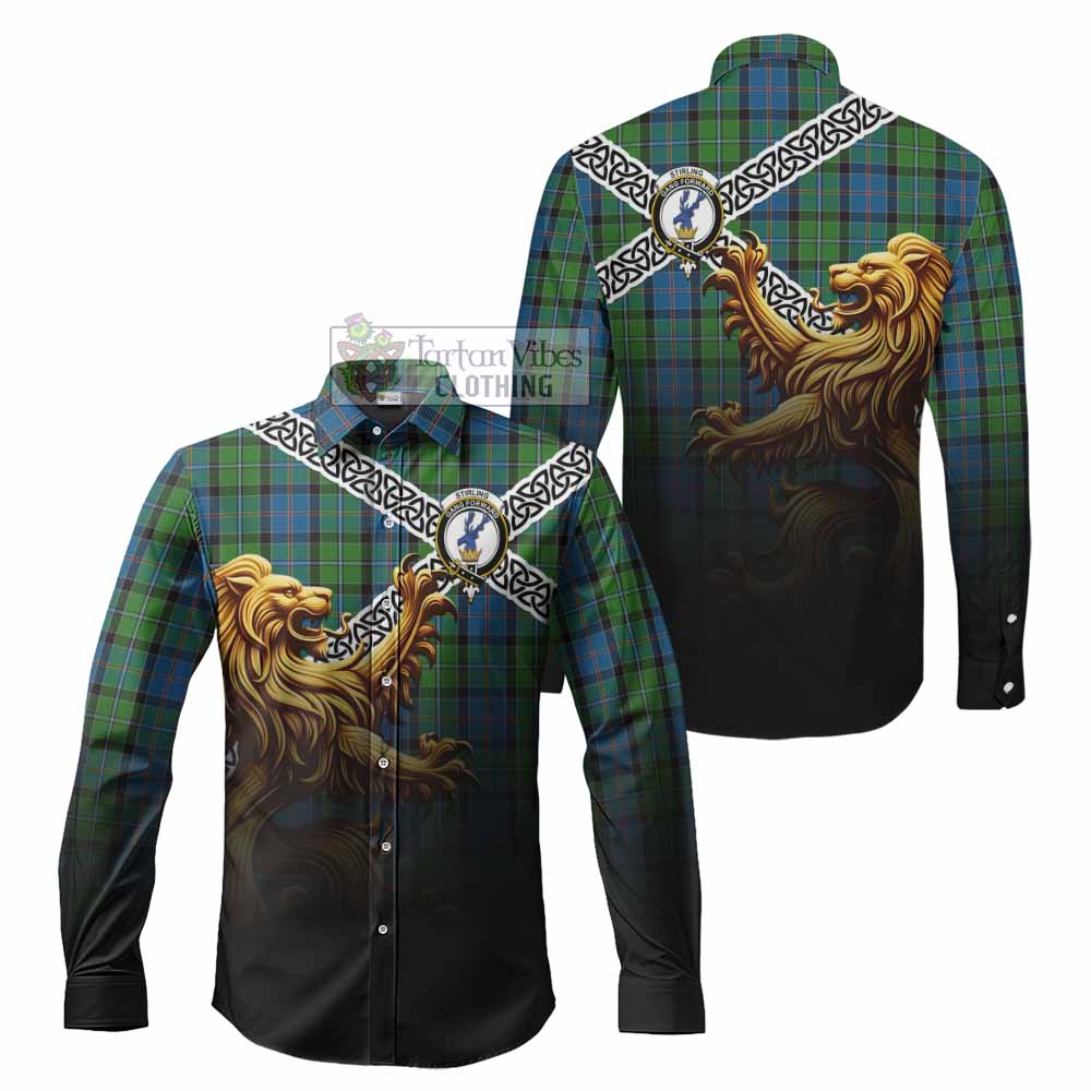 Tartan Vibes Clothing Stirling Crest Tartan Long Sleeve Button Shirt with Golden Lion Emblem Celtic Style