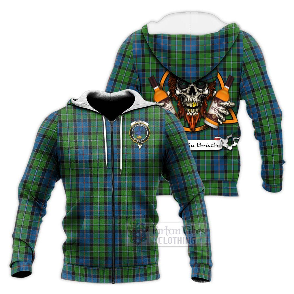 Tartan Vibes Clothing Stirling Tartan Knitted Hoodie with Family Crest and Bearded Skull Holding Bottles of Whiskey