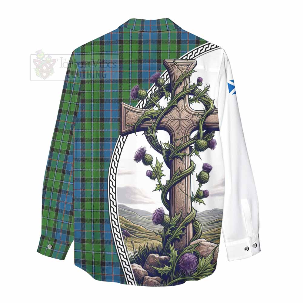 Tartan Vibes Clothing Stirling Tartan Women's Casual Shirt with Family Crest and St. Andrew's Cross Accented by Thistle Vines
