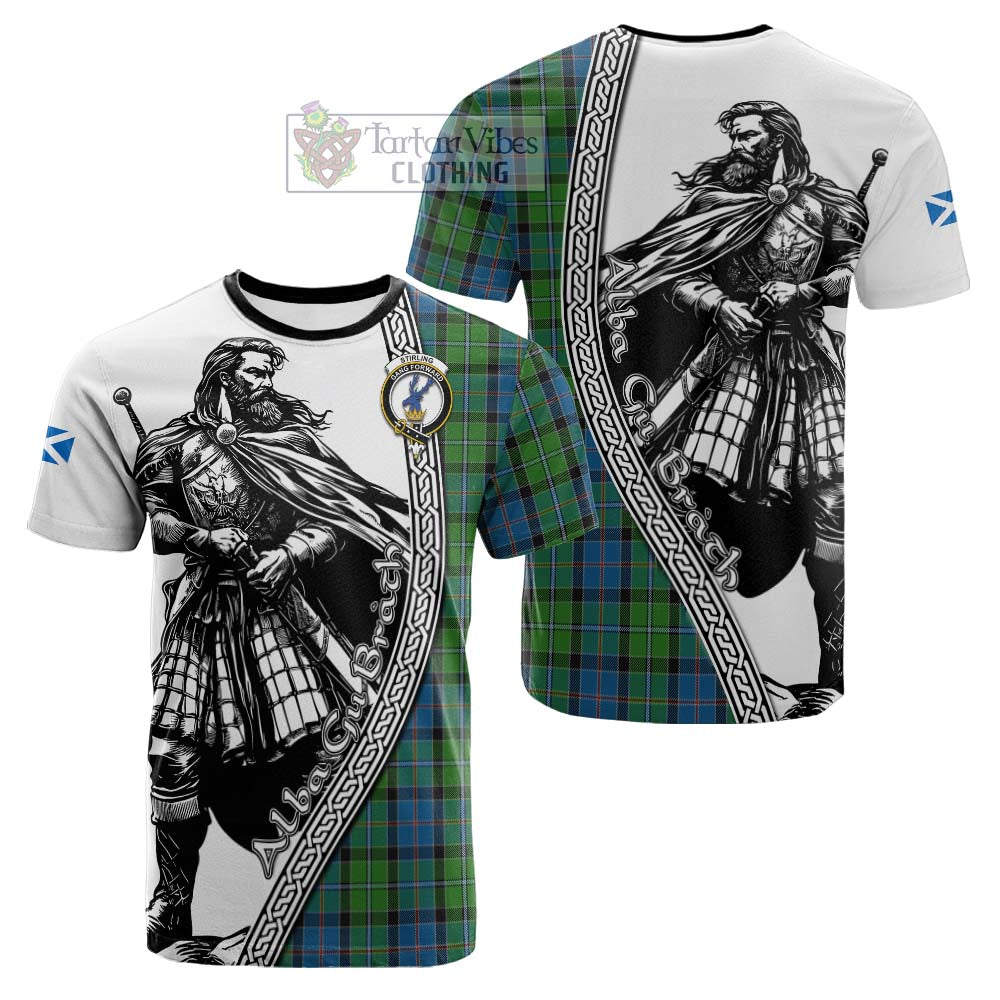 Stirling Tartan Clan Crest Cotton T-shirt with Highlander Warrior Celtic Style