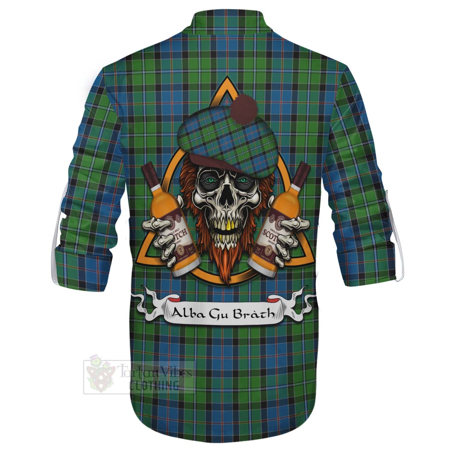 Tartan Vibes Clothing Stirling Tartan Ghillie Kilt Shirt with Family Crest and Bearded Skull Holding Bottles of Whiskey