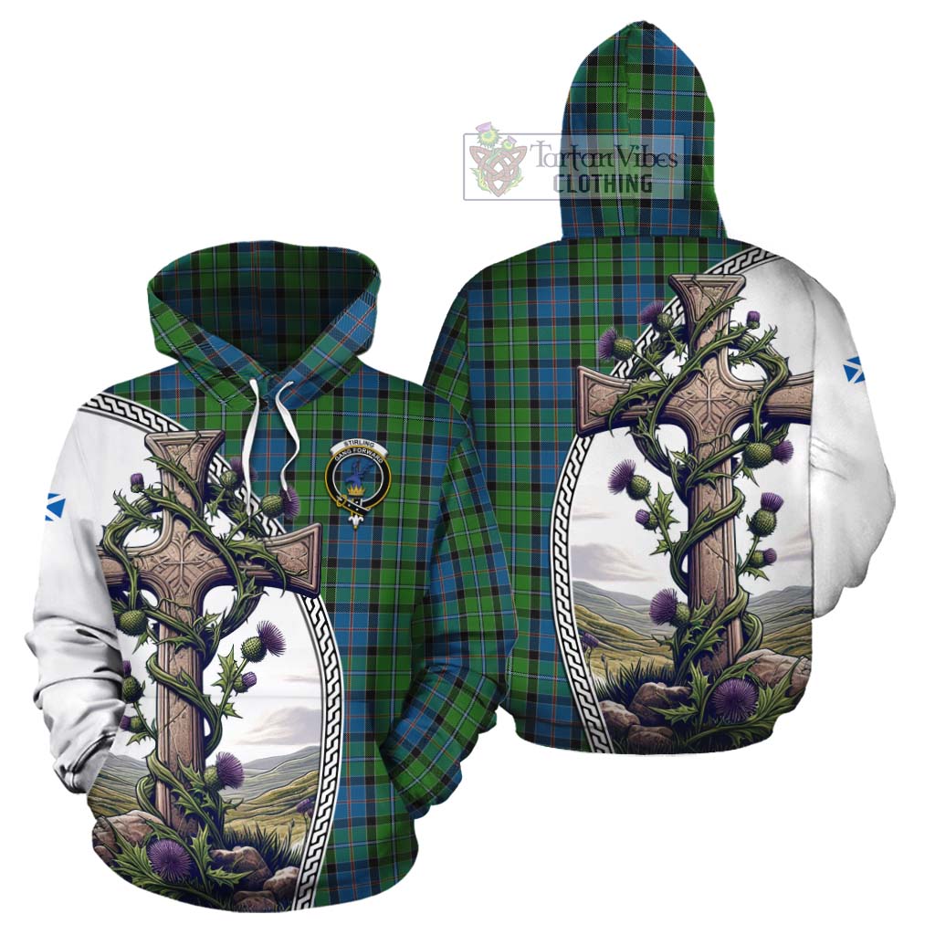 Tartan Vibes Clothing Stirling Tartan Cotton Hoodie with Family Crest and St. Andrew's Cross Accented by Thistle Vines
