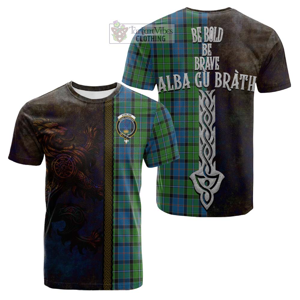 Tartan Vibes Clothing Stirling Tartan Family Crest Cotton T-shirt Alba Gu Brath Be Brave Lion Ancient Style