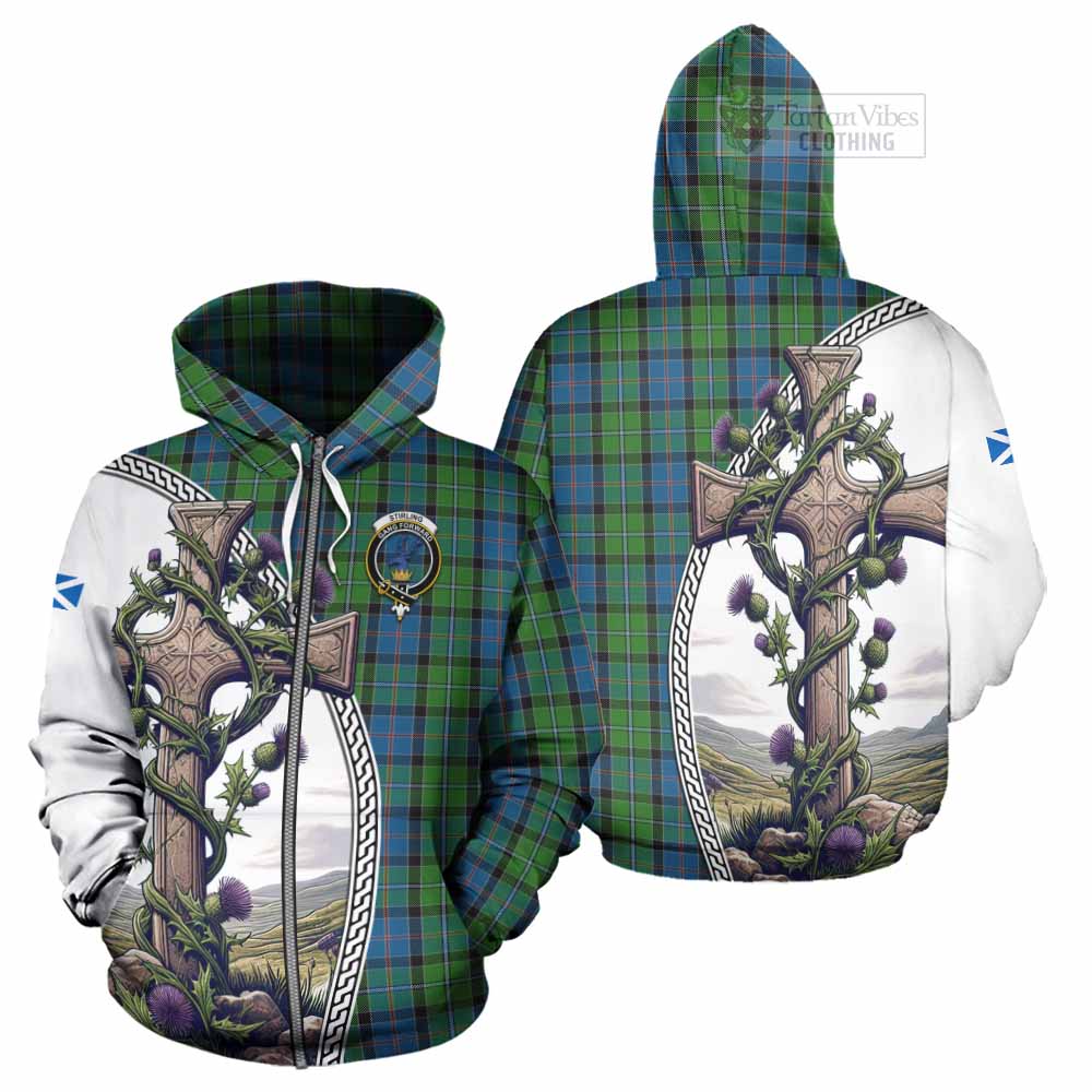Tartan Vibes Clothing Stirling Tartan Hoodie with Family Crest and St. Andrew's Cross Accented by Thistle Vines