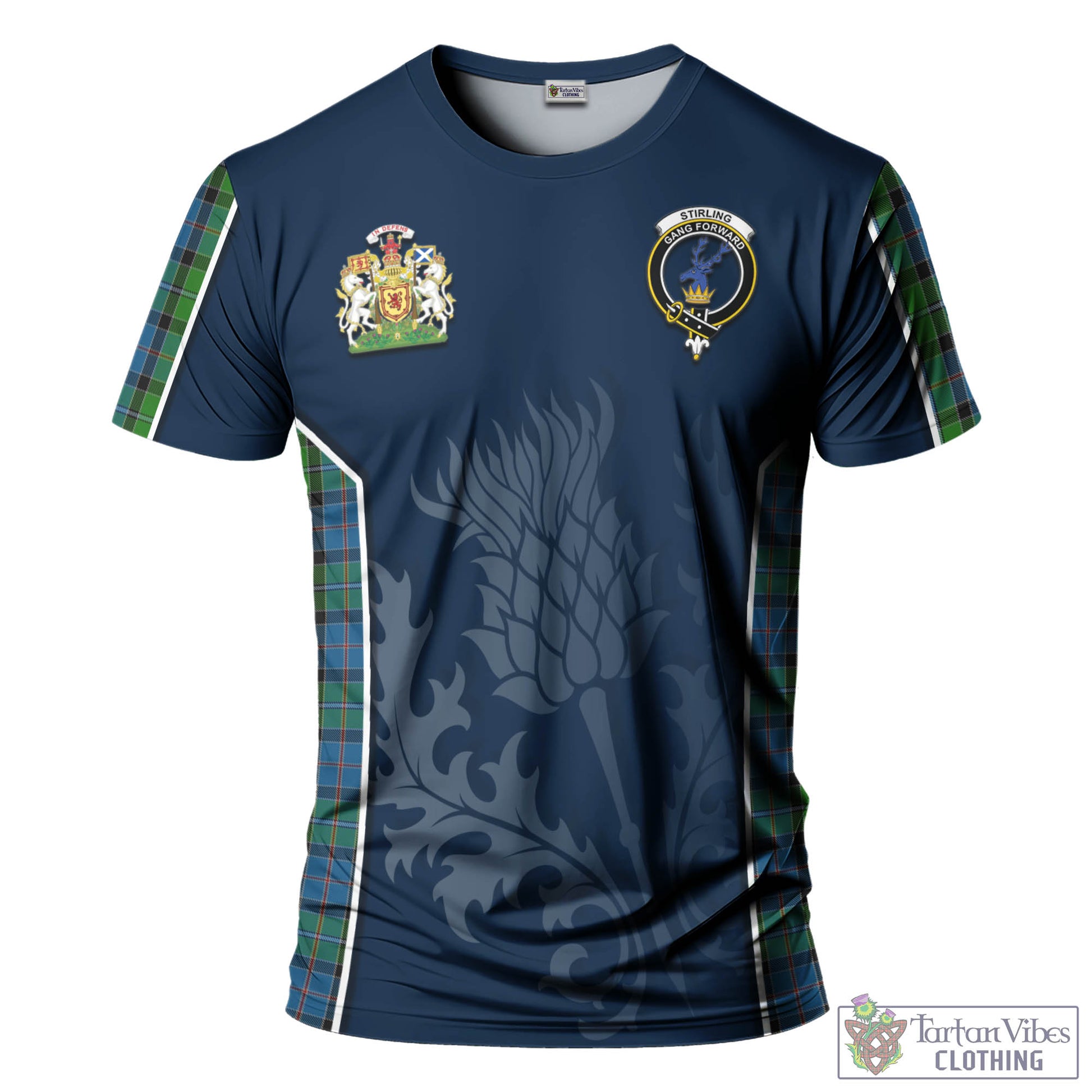 Tartan Vibes Clothing Stirling Tartan T-Shirt with Family Crest and Scottish Thistle Vibes Sport Style