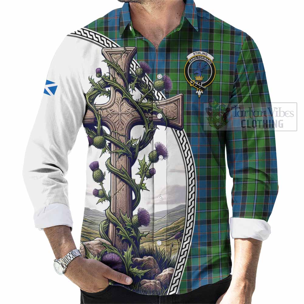 Tartan Vibes Clothing Stirling Tartan Long Sleeve Button Shirt with Family Crest and St. Andrew's Cross Accented by Thistle Vines