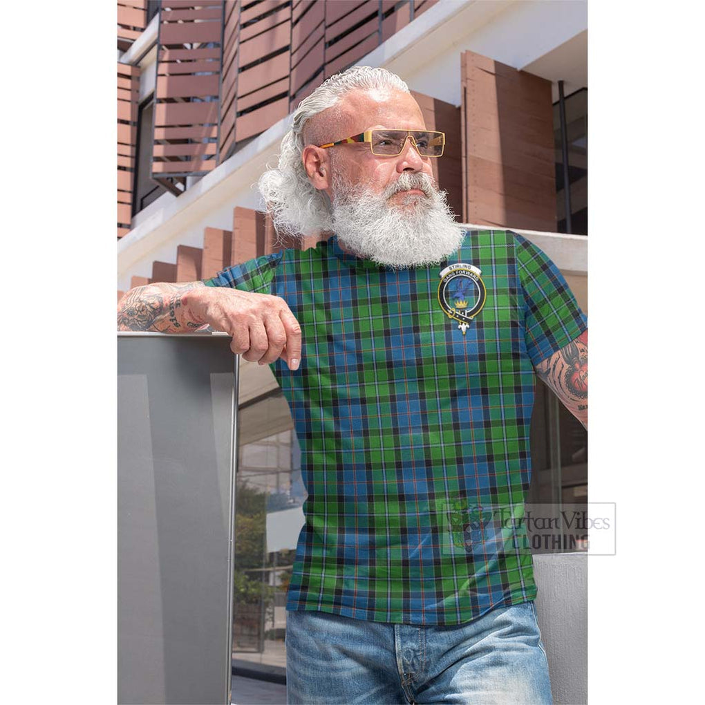 Tartan Vibes Clothing Stirling Tartan Cotton T-shirt with Family Crest and Bearded Skull Holding Bottles of Whiskey