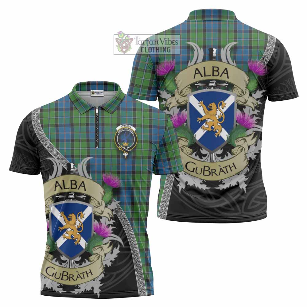 Tartan Vibes Clothing Stirling Tartan Family Crest Zipper Polo Shirt Lion Rampant Royal Thistle Shield Celtic Inspired