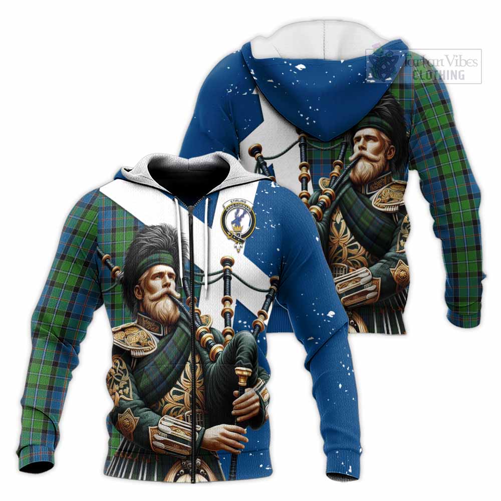 Tartan Vibes Clothing Stirling Tartan Knitted Hoodie with Family Crest Scottish Bagpiper Vibes