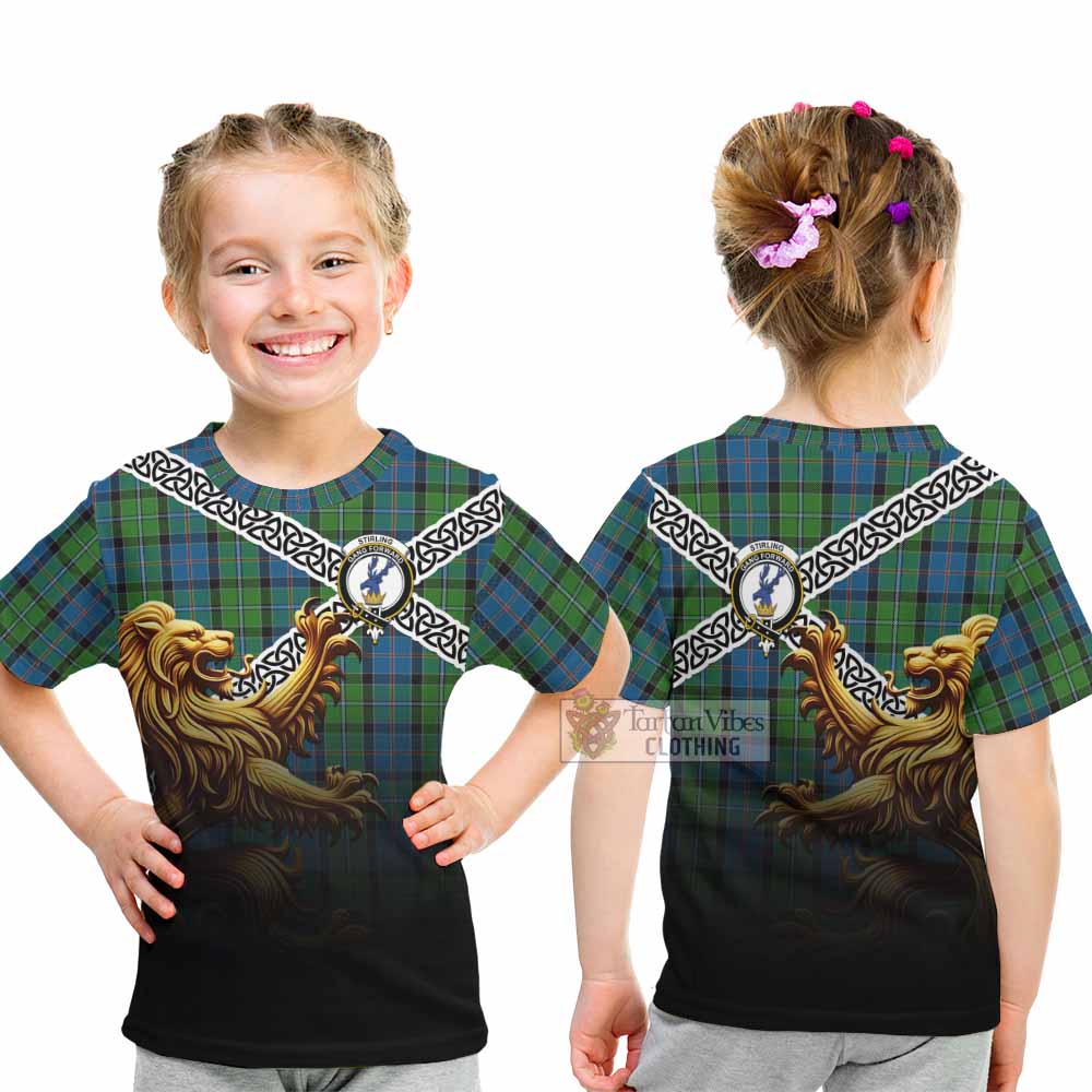 Tartan Vibes Clothing Stirling Crest Tartan Kid T-Shirt with Golden Lion Emblem Celtic Style
