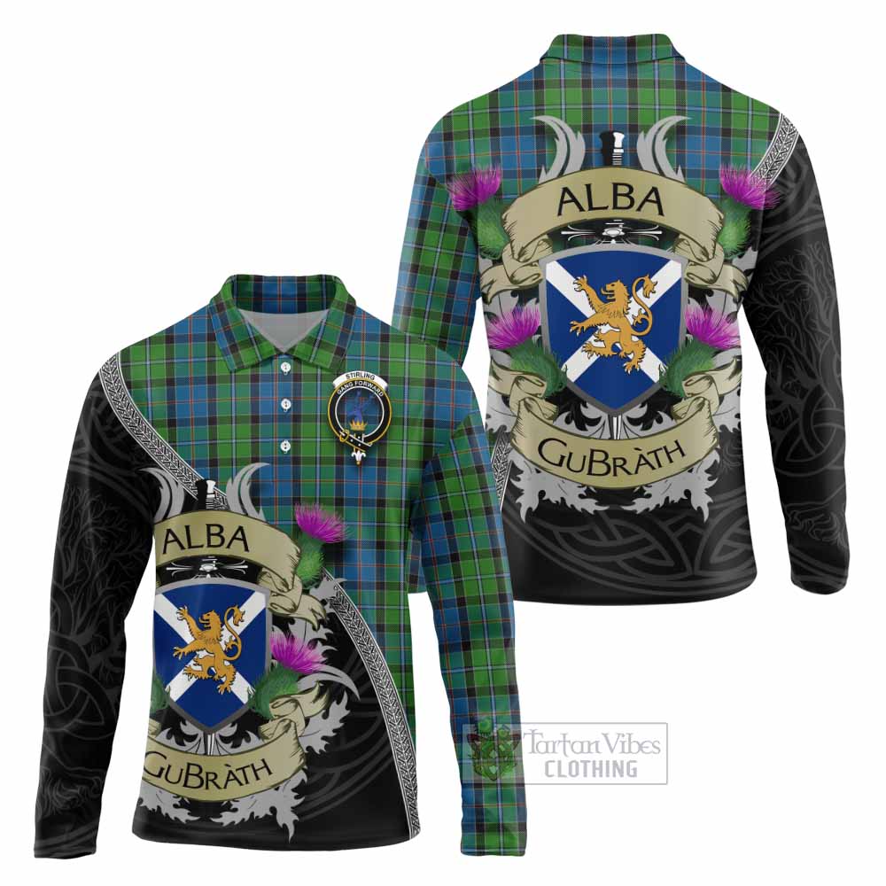 Tartan Vibes Clothing Stirling Tartan Family Crest Long Sleeve Polo Shirt Lion Rampant Royal Thistle Shield Celtic Inspired