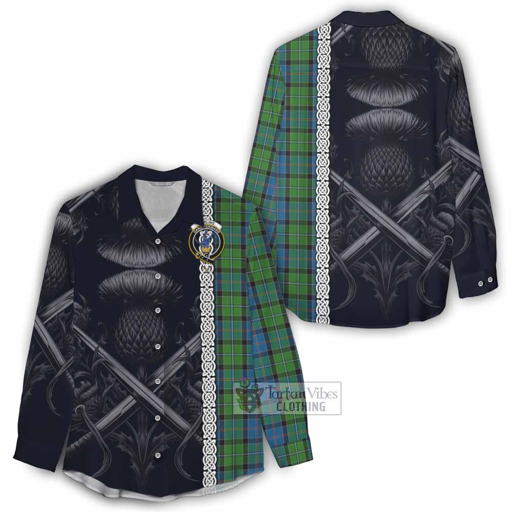 Tartan Vibes Clothing Stirling Tartan Women's Casual Shirt with Family Crest Cross Sword Thistle Celtic Vibes