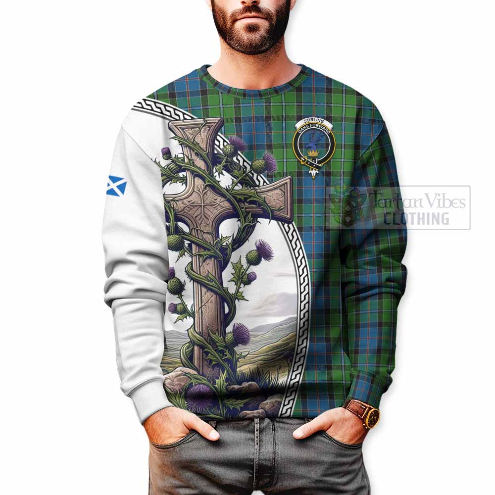 Tartan Vibes Clothing Stirling Tartan Sweatshirt with Family Crest and St. Andrew's Cross Accented by Thistle Vines