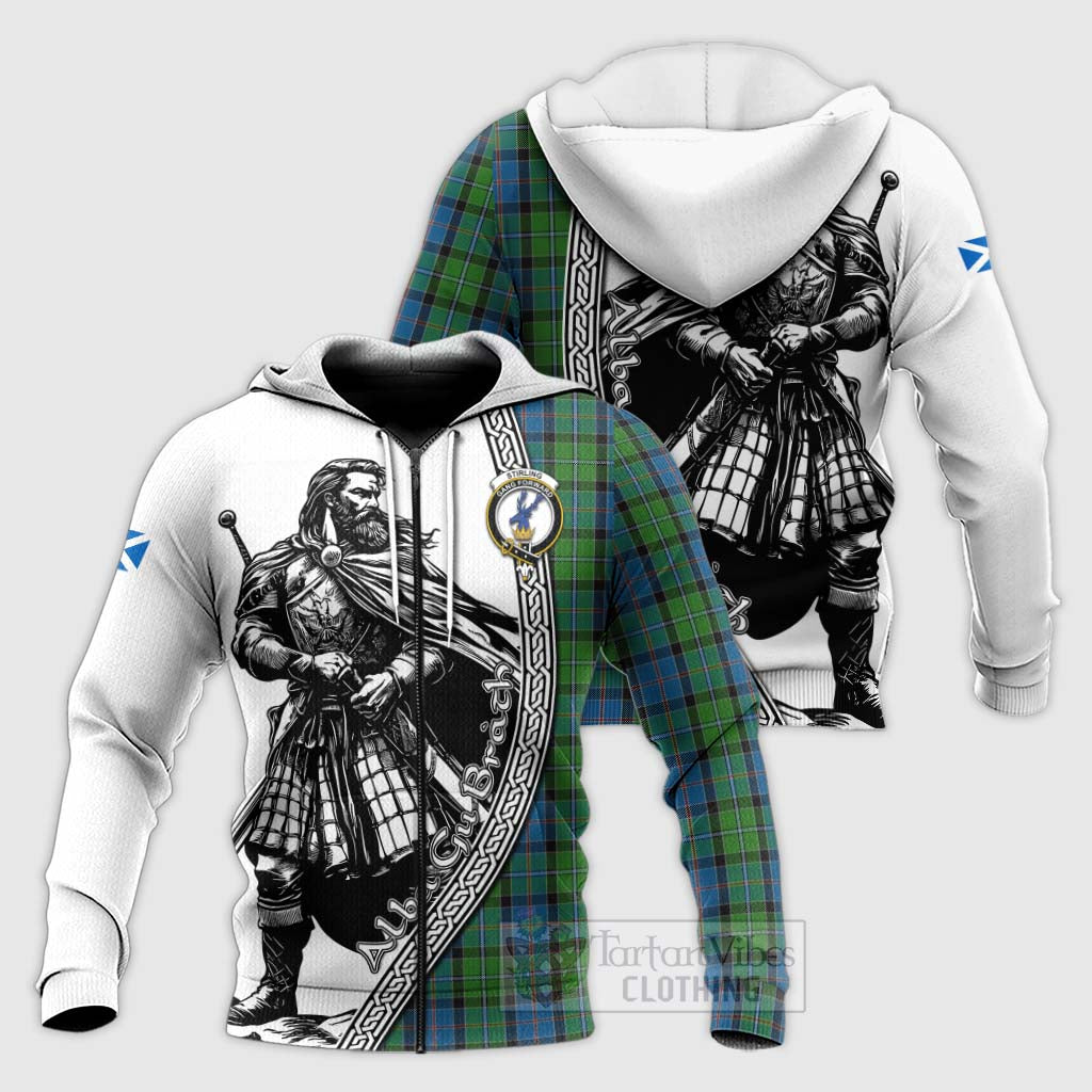 Tartan Vibes Clothing Stirling Tartan Clan Crest Knitted Hoodie with Highlander Warrior Celtic Style