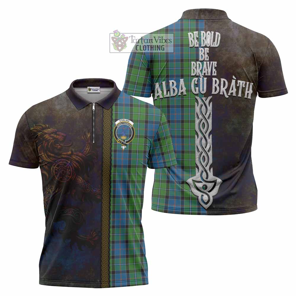 Tartan Vibes Clothing Stirling Tartan Family Crest Zipper Polo Shirt Alba Gu Brath Be Brave Lion Ancient Style